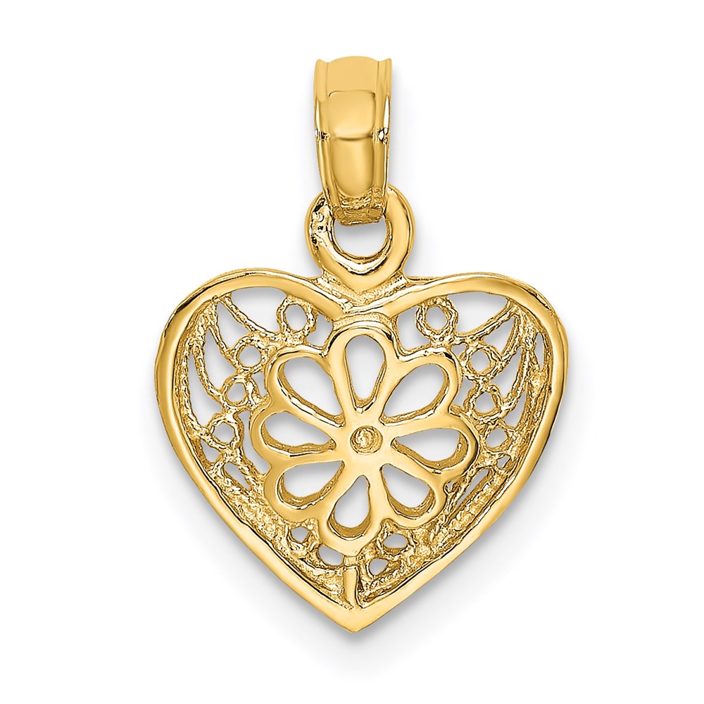 14K Gelbgold 2-d Filigran Herz mit Blume Design Charm