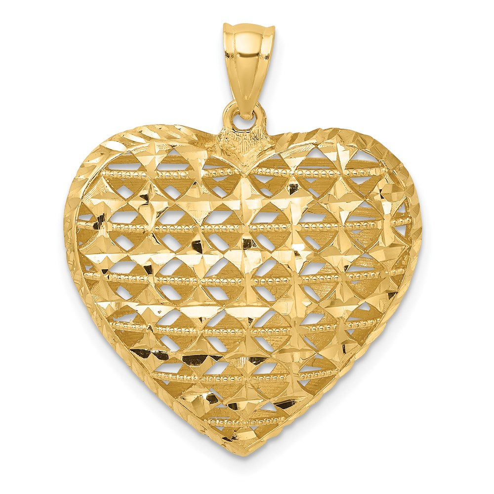 14K Gelbgold 3D-ausgeschnittener diamantgeschliffener Herzanhänger, gewölbt