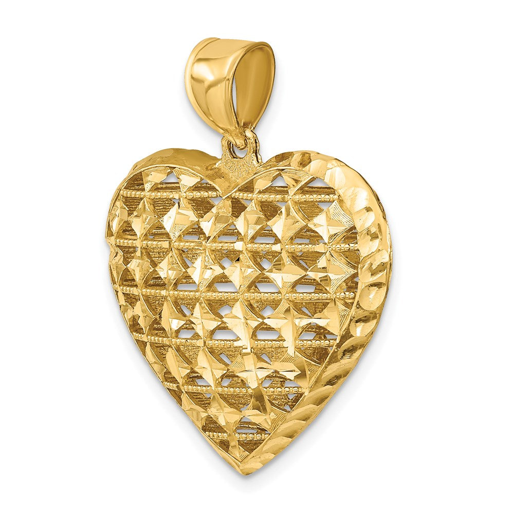 14K Gelbgold 3D-ausgeschnittener diamantgeschliffener Herzanhänger, gewölbt