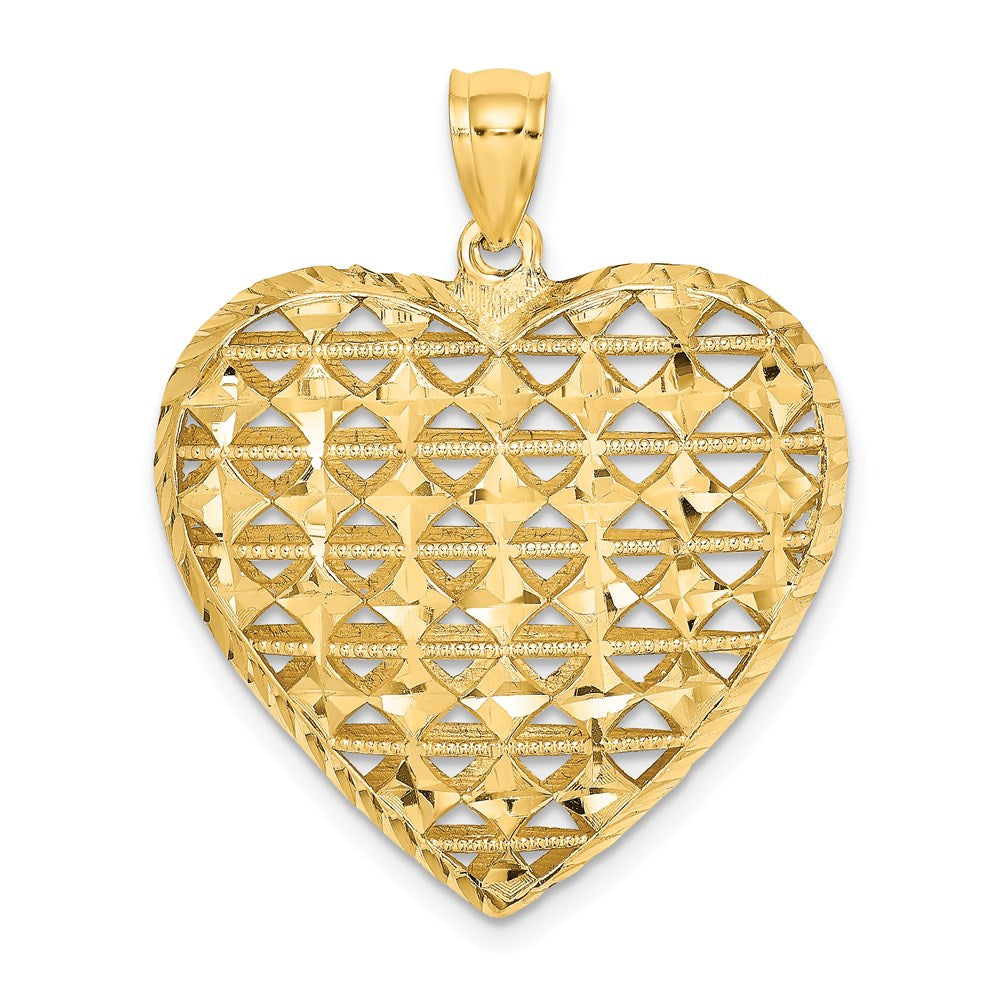 14K Gelbgold 3D-ausgeschnittener diamantgeschliffener Herzanhänger, gewölbt