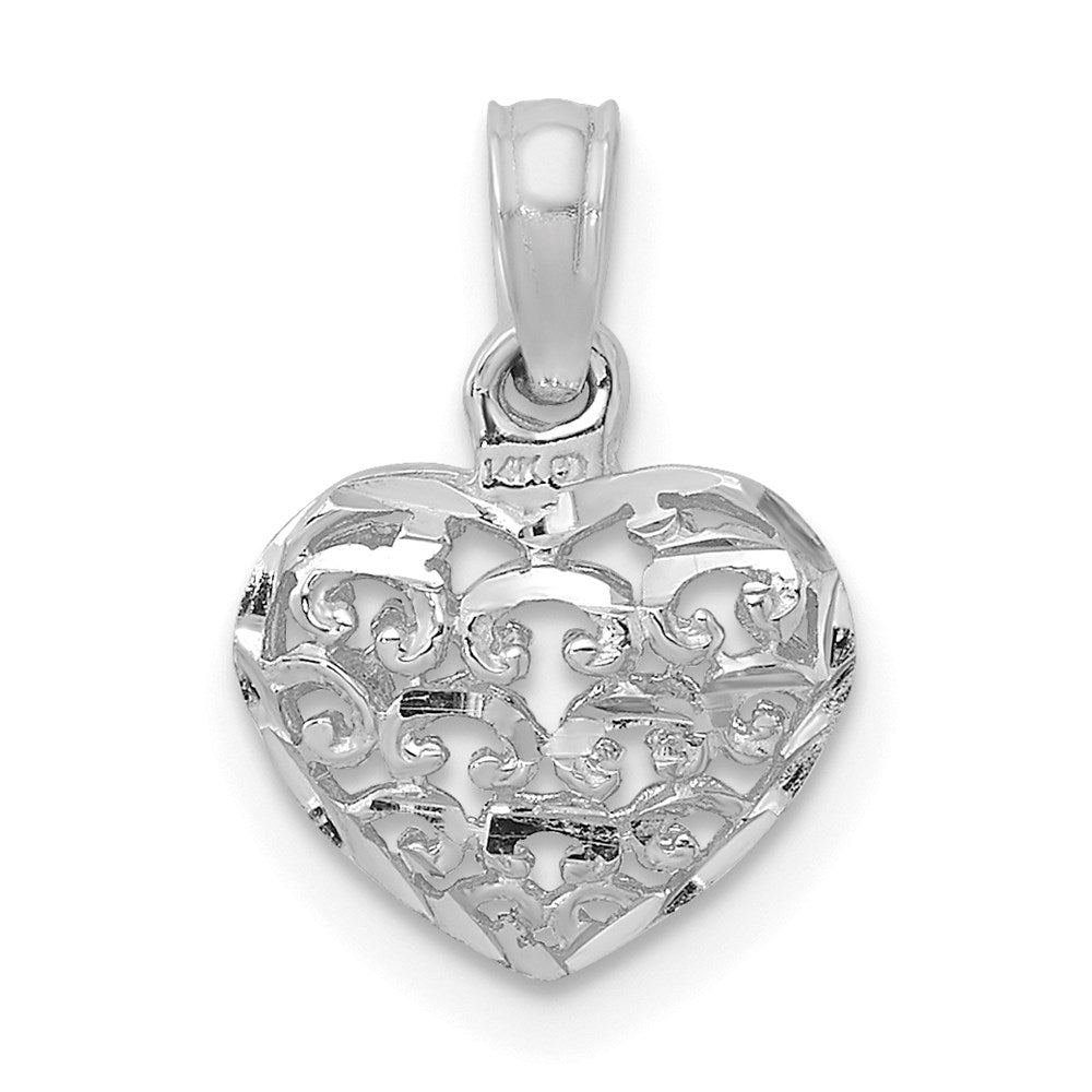 14K Weißgold 3-d Diamantiert Mini Gewölbt Herz Charm