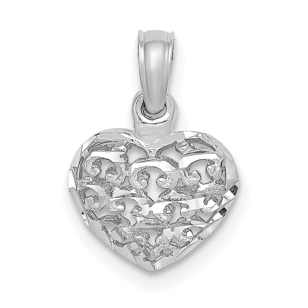 14K Weißgold 3-d Diamantiert Mini Gewölbt Herz Charm
