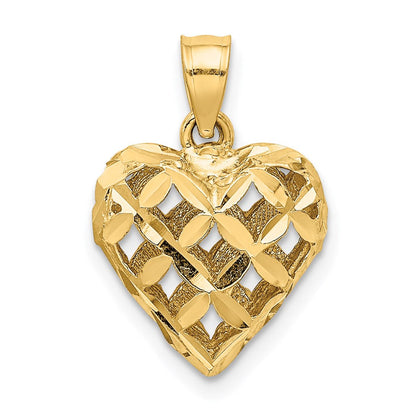 14K Gelbgold 3-d Diamantiert Filigran Gewölbt Herz Charm