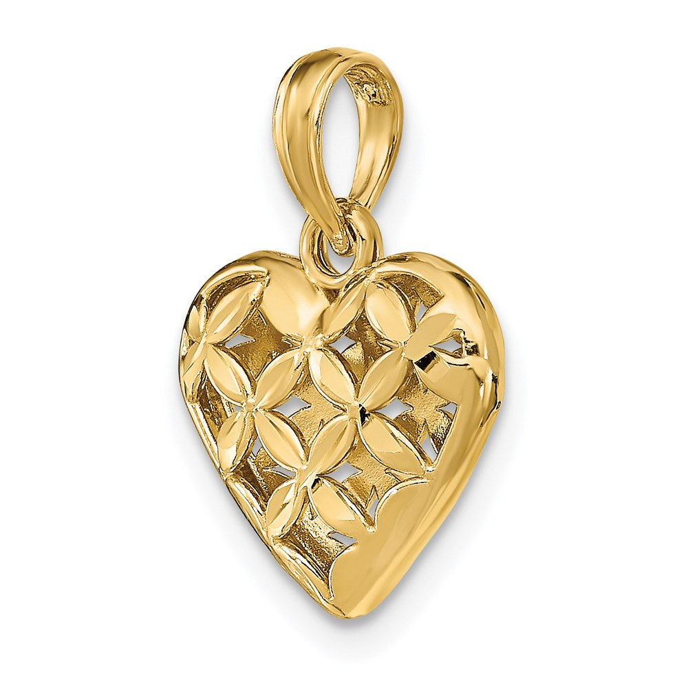 14K Gelbgold 3-d Diamantiert Filigran Gewölbt Herz Charm