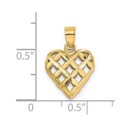 14K Gelbgold 3-d Diamantiert Filigran Gewölbt Herz Charm