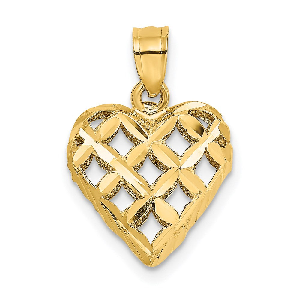 14K Gelbgold 3-d Diamantiert Filigran Gewölbt Herz Charm