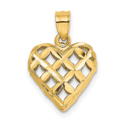 14K Gelbgold 3-d Diamantiert Filigran Gewölbt Herz Charm