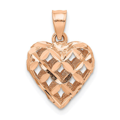 14K Roségold Poliert 3-d Diamantiert Gewölbt Herz Charm