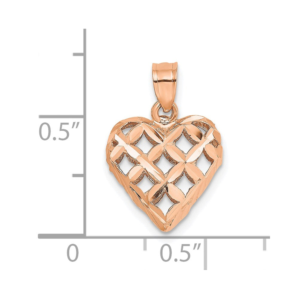 14K Roségold Poliert 3-d Diamantiert Gewölbt Herz Charm
