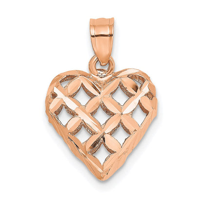 14K Roségold Poliert 3-d Diamantiert Gewölbt Herz Charm