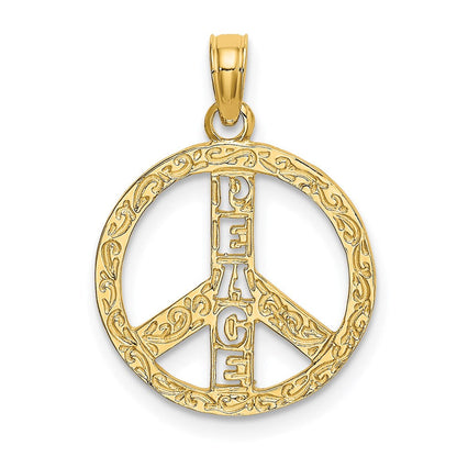14K Gelbgold Flach Strukturiert Frieden Zeichen Charm