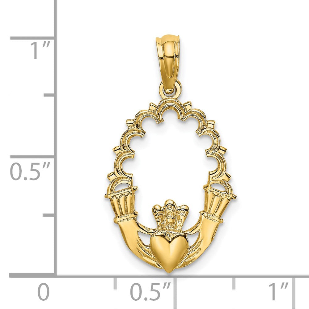 14K Gelbgold Graviert Claddagh in Oval mit Lace Zierde Charm