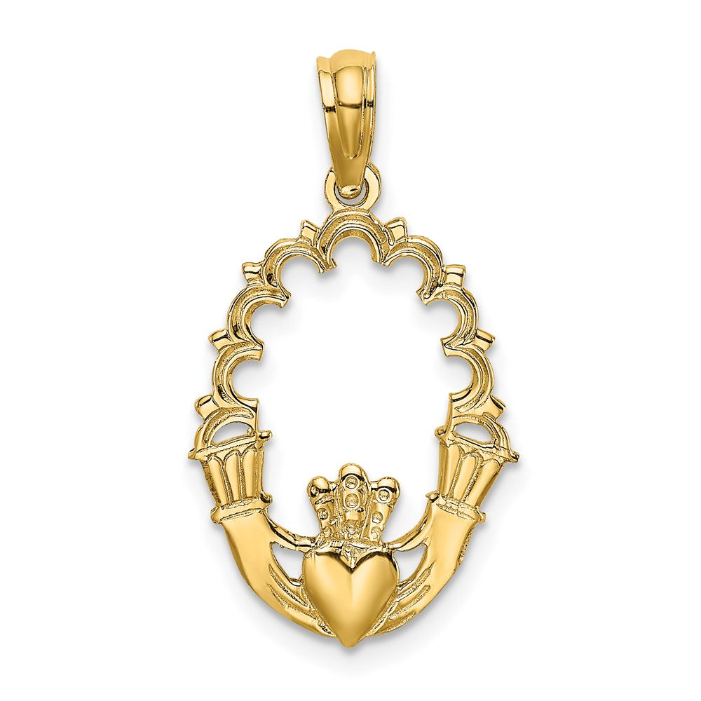 14K Gelbgold Graviert Claddagh in Oval mit Lace Zierde Charm