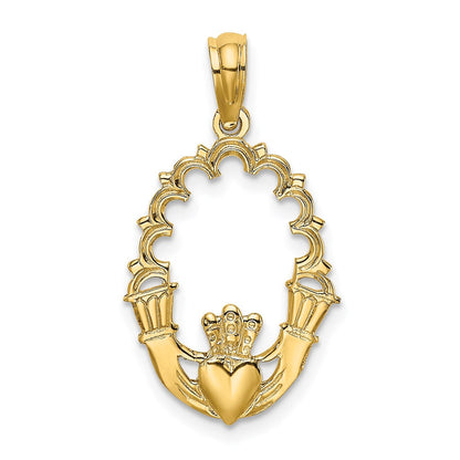 14K Gelbgold Graviert Claddagh in Oval mit Lace Zierde Charm