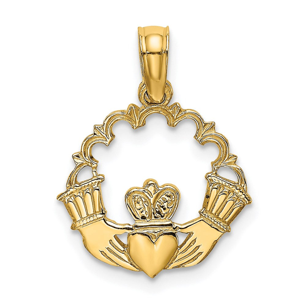 14K Gelbgold Graviert Claddagh in Muschel Kreis Charm