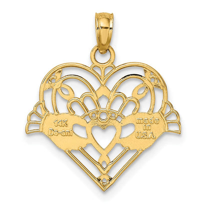 14K Gelbgold Poliert und Gekugelt Claddagh in Herz Charm