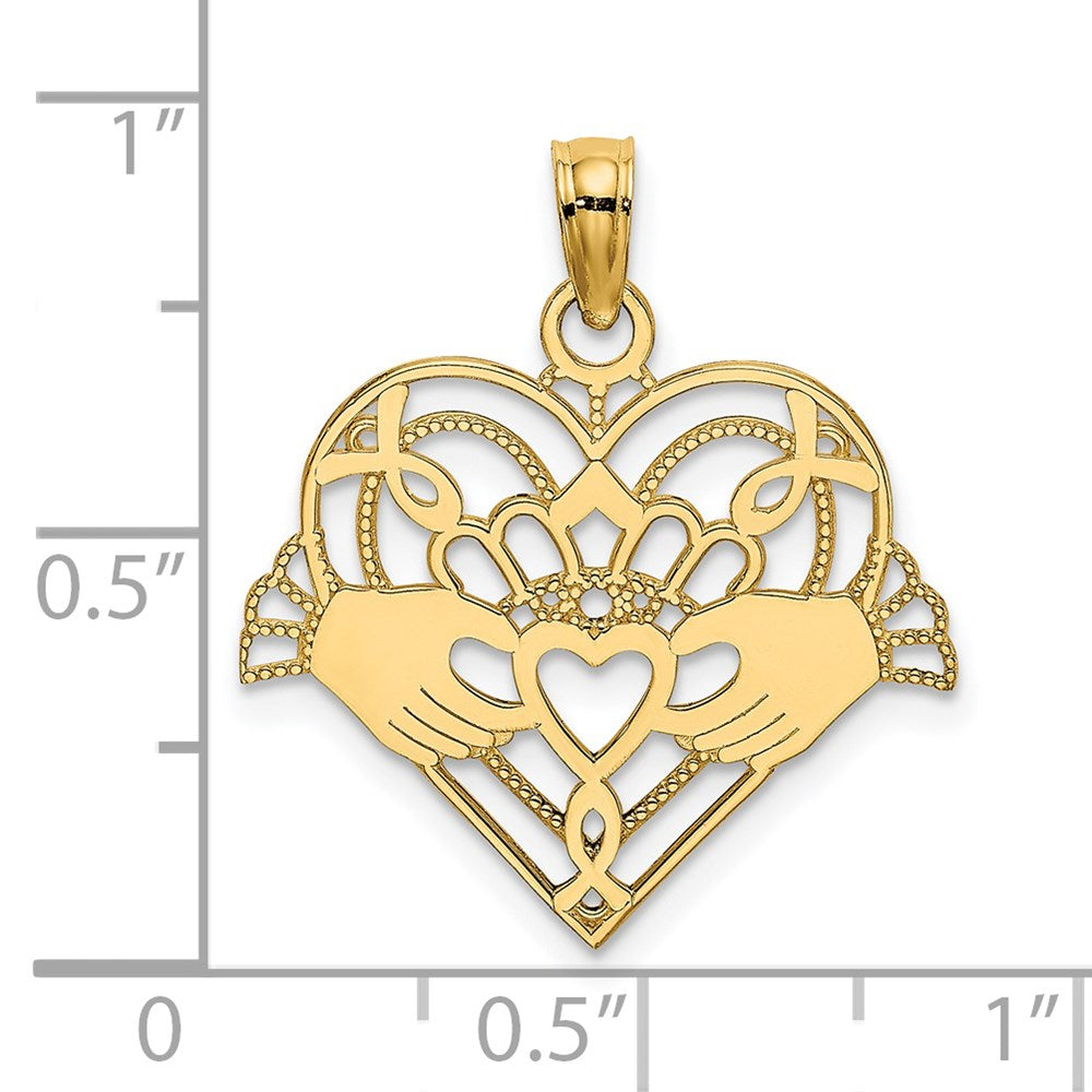 14K Gelbgold Poliert und Gekugelt Claddagh in Herz Charm