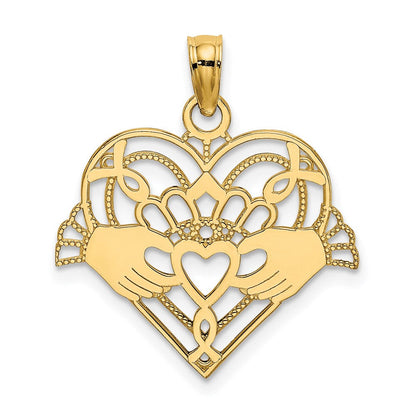 14K Gelbgold Poliert und Gekugelt Claddagh in Herz Charm