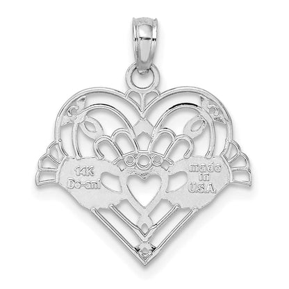 14K Weißgold Poliert und Gekugelt Claddagh in Herz Charm
