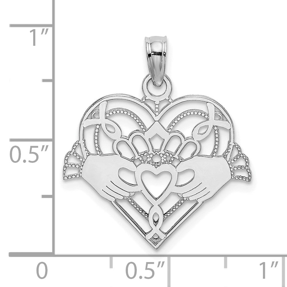 14K Weißgold Poliert und Gekugelt Claddagh in Herz Charm