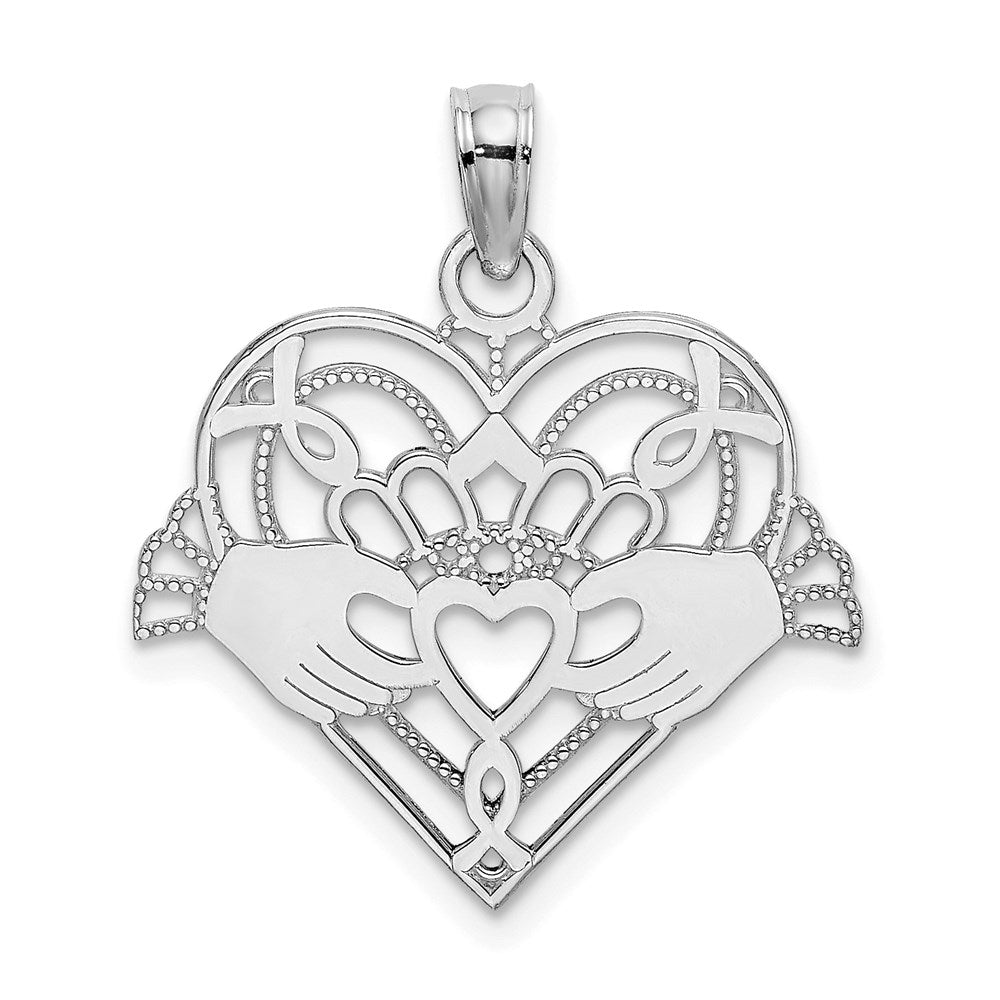 14K Weißgold Poliert und Gekugelt Claddagh in Herz Charm