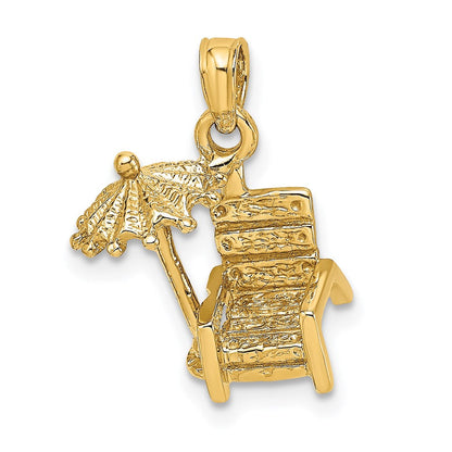 14K Gelbgold 3-D Strandstuhl-Charm mit Sonnenschirm