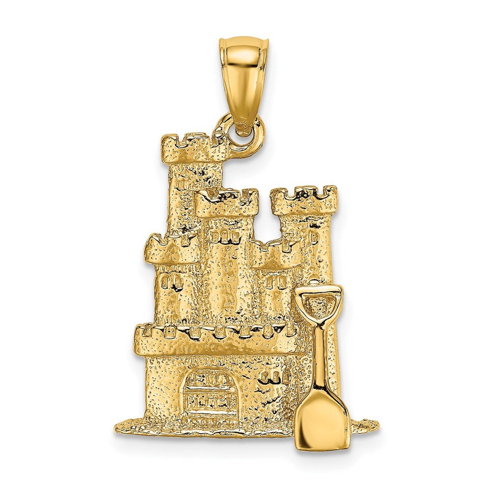 14K Gelbgold 3-D strukturierter Sandburg-Anhänger mit Schaufel-Charm
