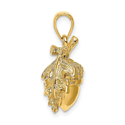 14K Gelbgold 3-D Eichel-Anhänger mit Blatt