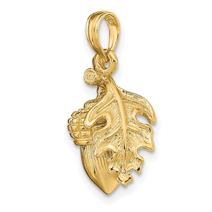 14K Gelbgold 3-D Eichel-Anhänger mit Blatt