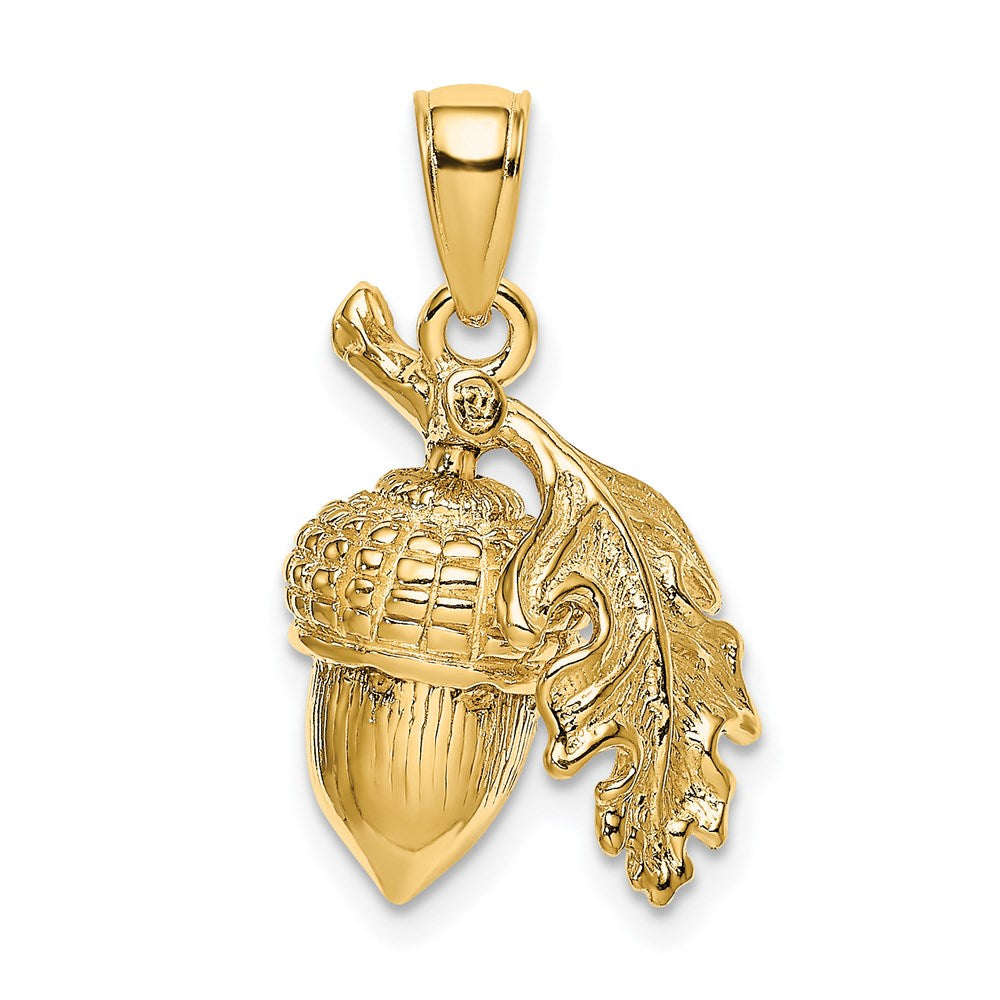 14K Gelbgold 3-D Eichel-Anhänger mit Blatt