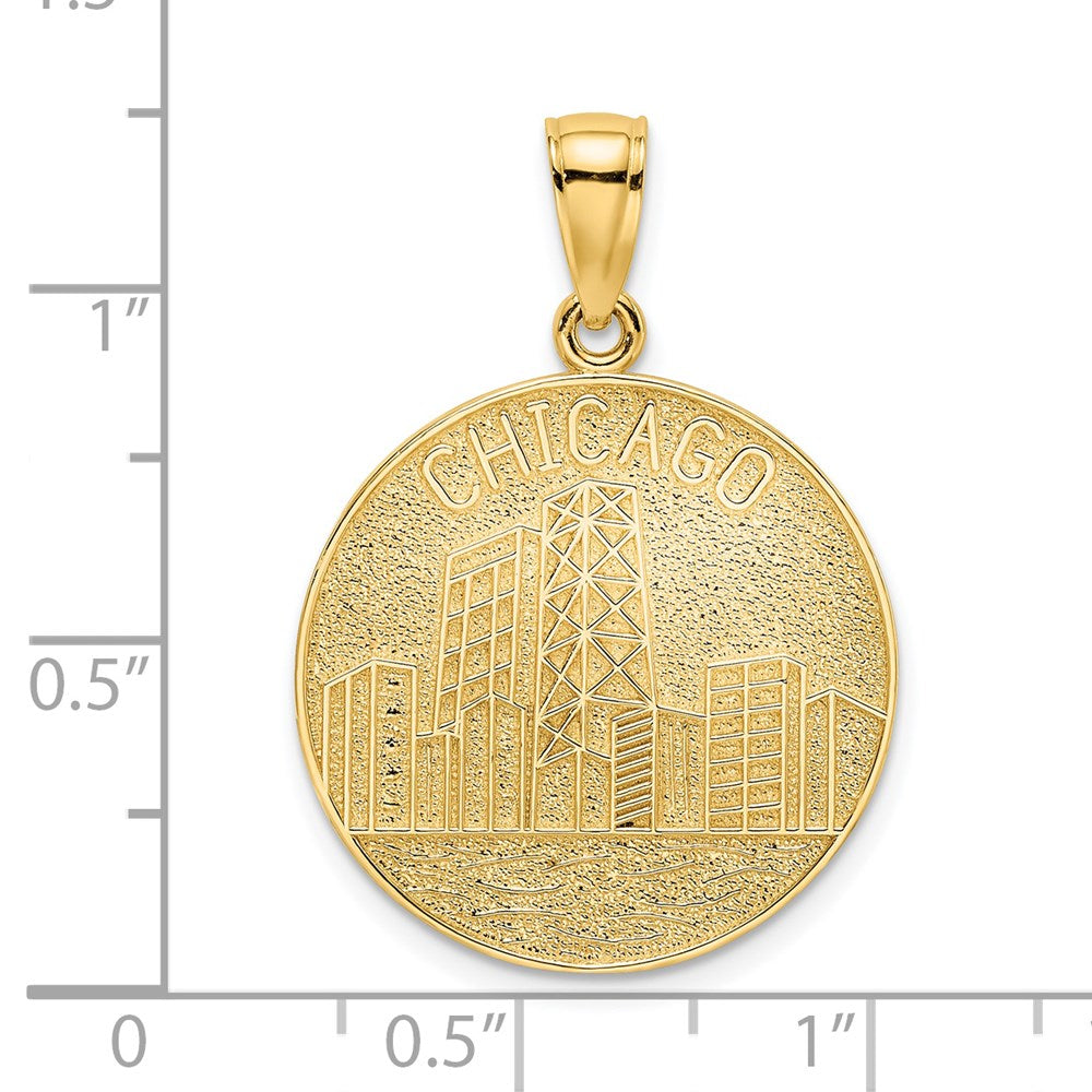 14K Gelbgold CHICAGO Skyline Charm auf runder Scheibe