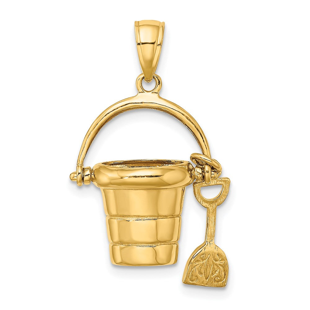 14K Gelbgold 3-D beweglicher Strandeimer-Charm mit Schaufel