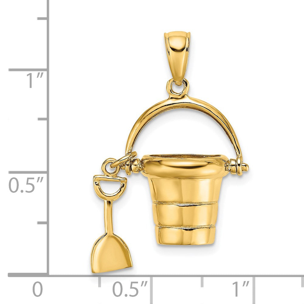 14K Gelbgold 3-D beweglicher Strandeimer-Charm mit Schaufel