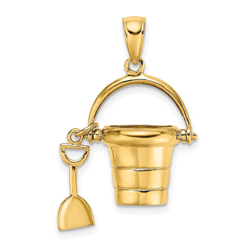 14K Gelbgold 3-D beweglicher Strandeimer-Charm mit Schaufel