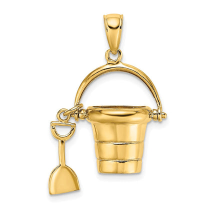 14K Gelbgold 3-D beweglicher Strandeimer-Charm mit Schaufel
