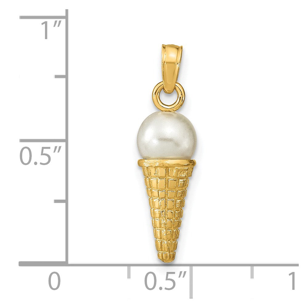 14K Gelbgold Satiniert-Poliert 3D Eistüten-Anhänger mit weißen Perlen