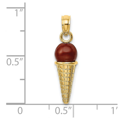14K Gelbgold Satiniert Poliert 3D Braune Perle Eistüte Anhänger