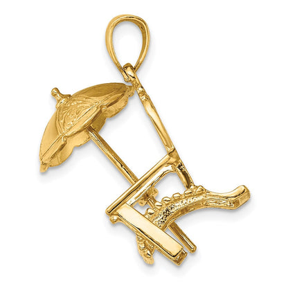 14K Gelbgold 3-D-Strandstuhl-Charm mit Sonnenschirm