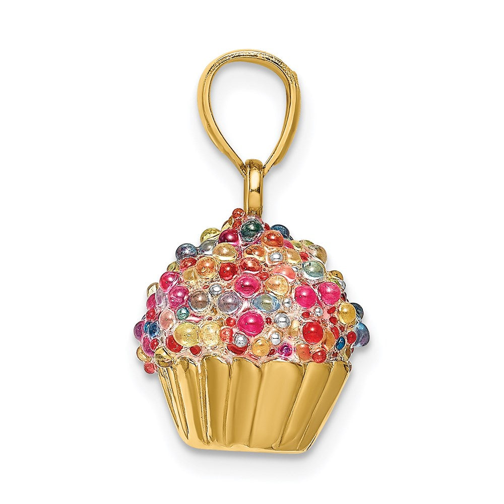 14K Gelbgold 3-D-Cupcake-Charm mit Zuckerguss aus bunten Perlen