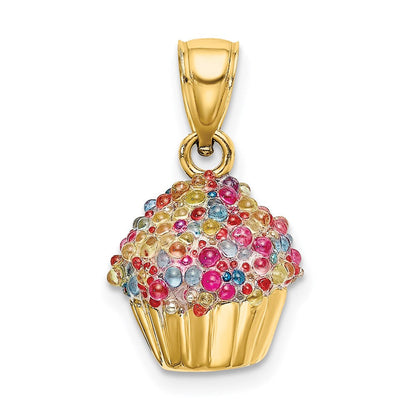 14K Gelbgold 3-D-Cupcake-Charm mit Zuckerguss aus bunten Perlen