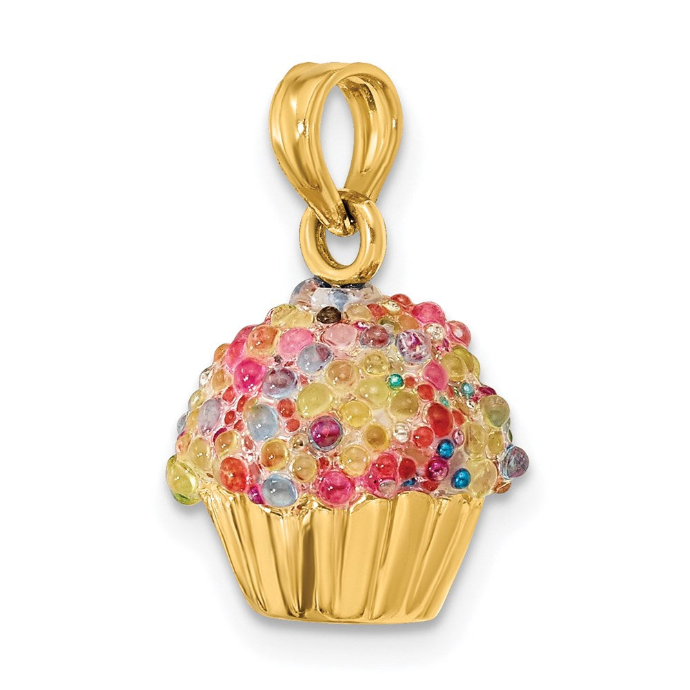 14K Gelbgold 3-D-Cupcake-Charm mit Zuckerguss aus bunten Perlen