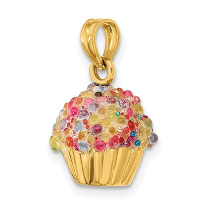 14K Gelbgold 3-D-Cupcake-Charm mit Zuckerguss aus bunten Perlen