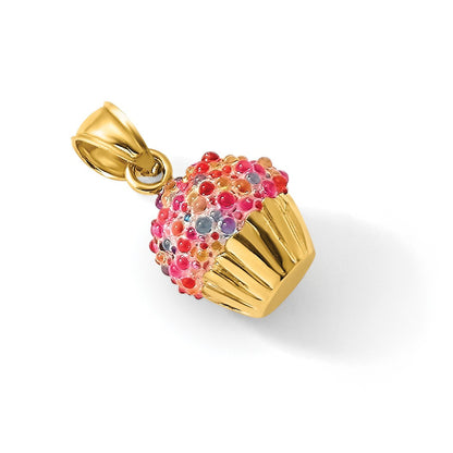 14K Gelbgold 3-D-Cupcake-Charm mit Zuckerguss aus bunten Perlen