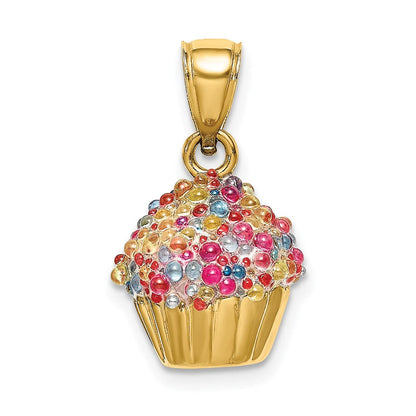 14K Gelbgold 3-D-Cupcake-Charm mit Zuckerguss aus bunten Perlen