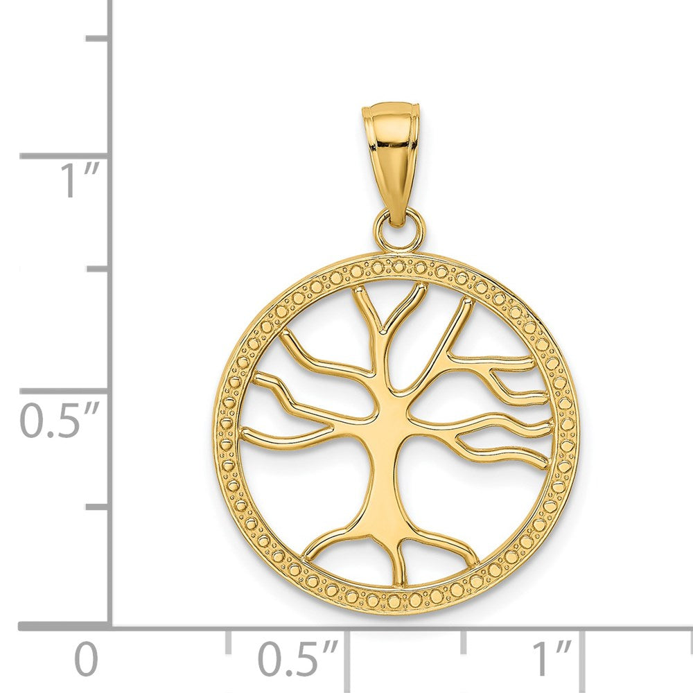 14K Gelbgold Großer Lebensbaum-Charm im runden Rahmen