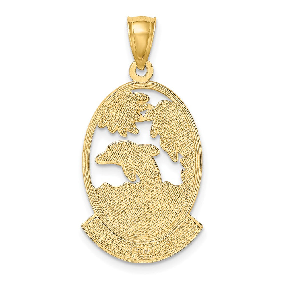 14 Karat Gelbgold Charm „PUERTO RICO" mit Delfin-Sonnenuntergangsszene