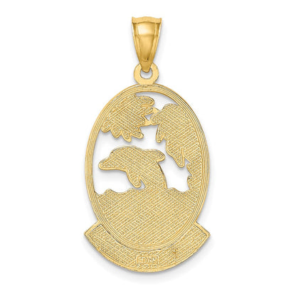 14 Karat Gelbgold Charm „PUERTO RICO" mit Delfin-Sonnenuntergangsszene