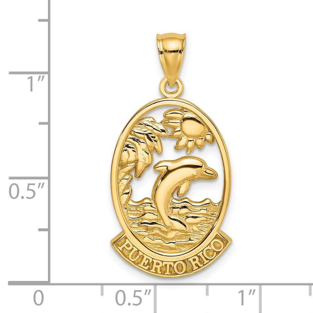 14 Karat Gelbgold Charm „PUERTO RICO" mit Delfin-Sonnenuntergangsszene