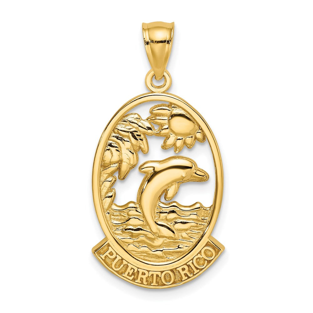 14 Karat Gelbgold Charm „PUERTO RICO" mit Delfin-Sonnenuntergangsszene