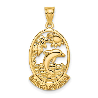 14 Karat Gelbgold Charm „PUERTO RICO" mit Delfin-Sonnenuntergangsszene
